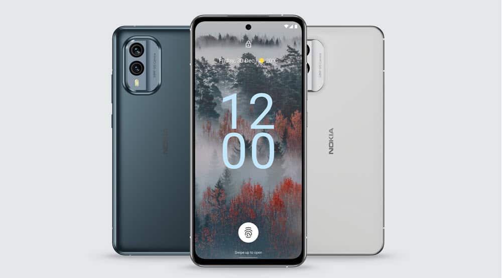 Nokia X30 5G front and back in blue and white