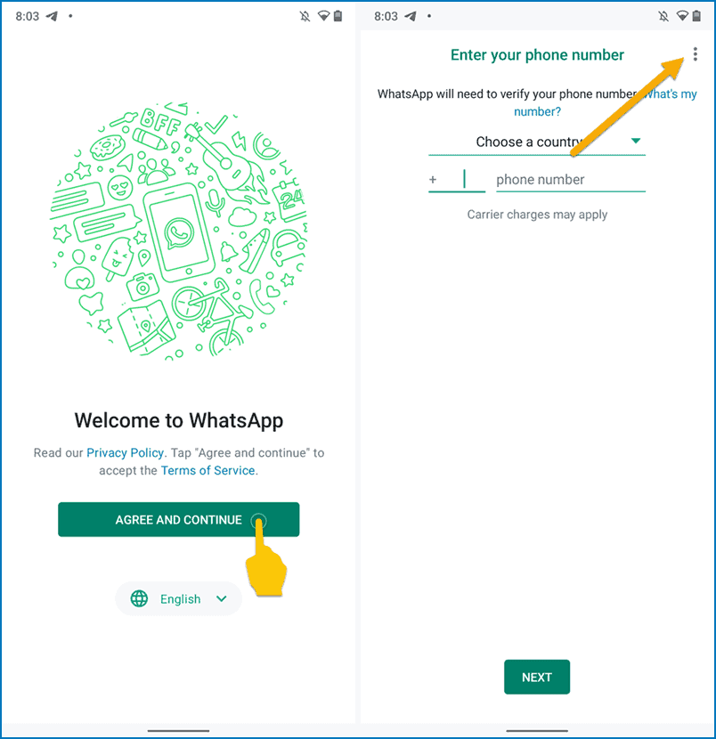 Setup WhatsApp on new  device by choosing the labguage