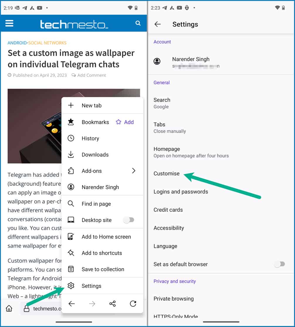 Open Firefox settings and go to Customize