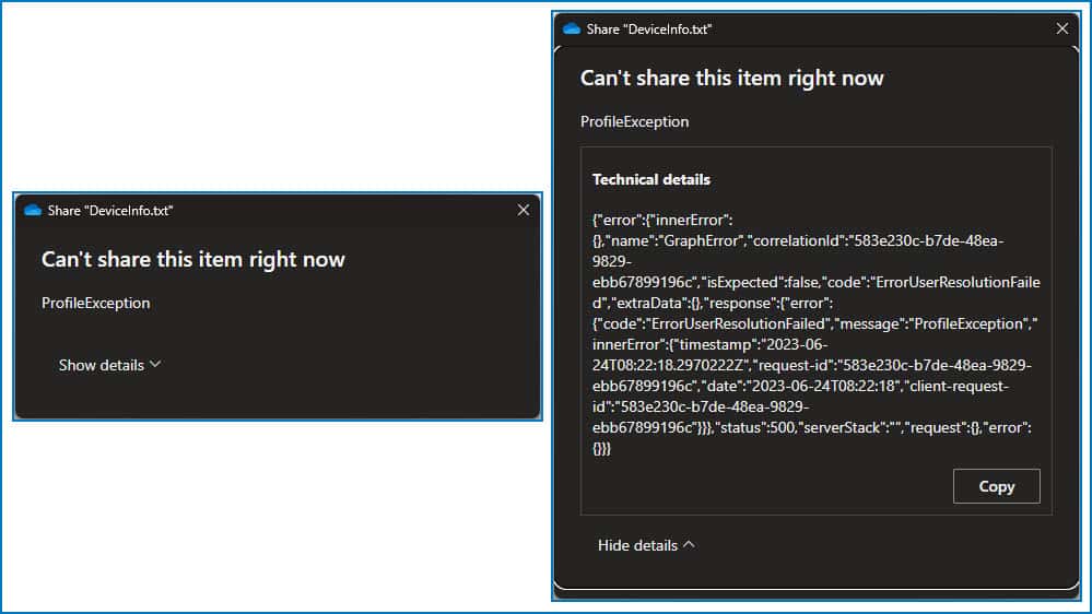ProfileException error shown by OneDrive while sharing files
