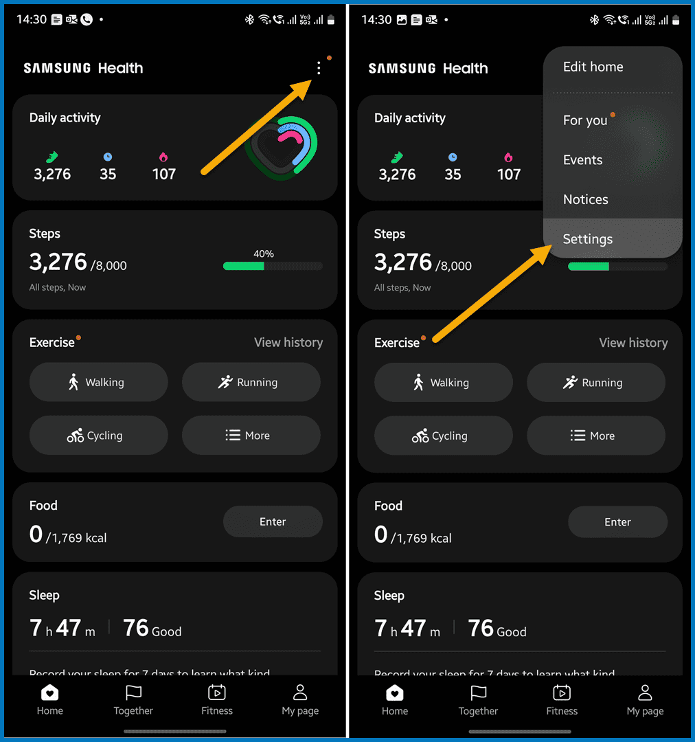 Samsung Health App - Open Settings