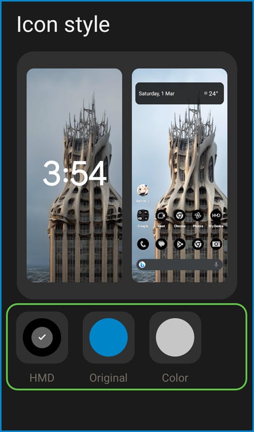 Choose icon style option in the HMD smartphone