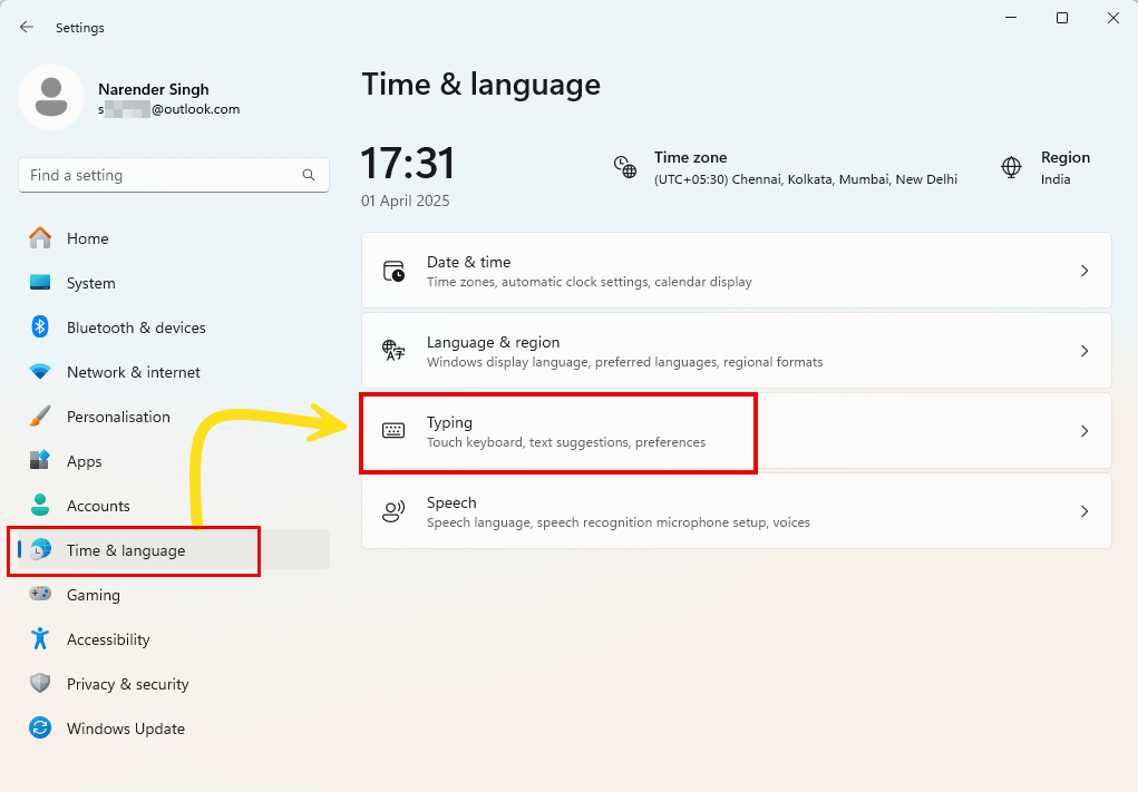 Open Typing settings in Windows 11