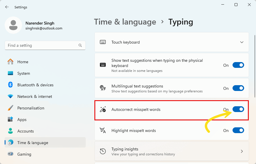 Typing settings on Windows 11 highlighting Spelling autocorrect toggle