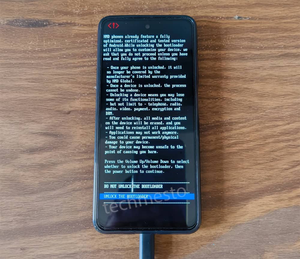 The bootloader unlock confirmation screen on a HMD Fusion smartphone