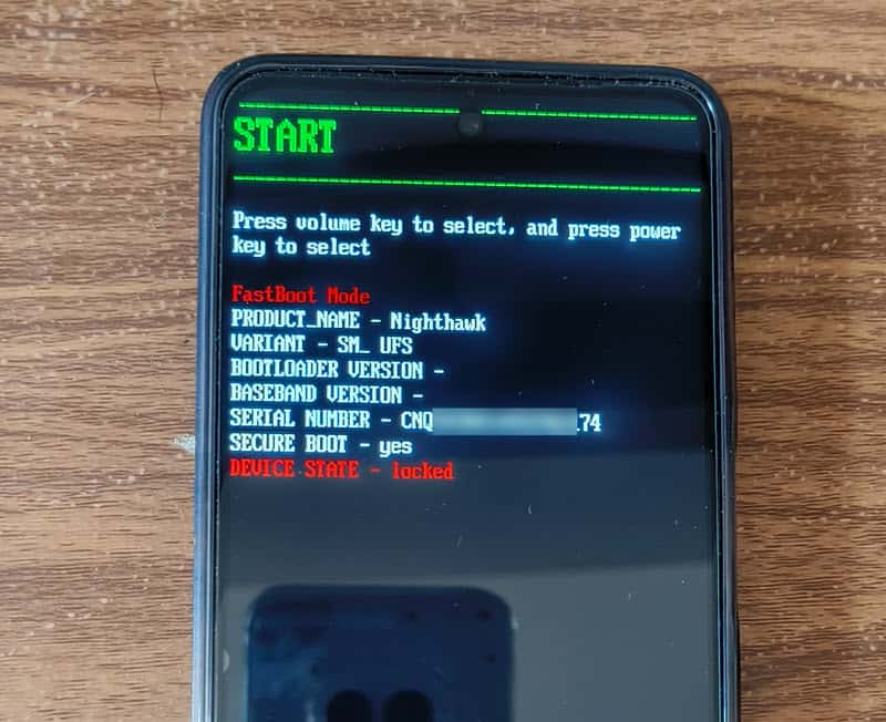 Fastboot mode opened on a HMD Fusion (Nighthawk) smartphone