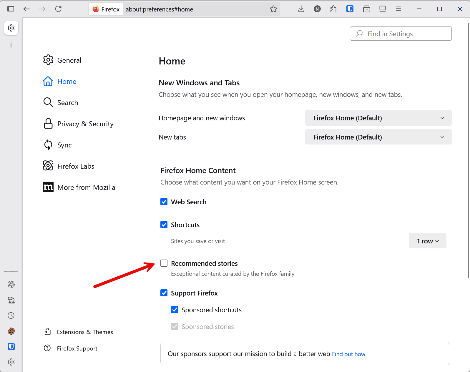 Disable stories on the homepage of Firefox browser for Windows and Linux