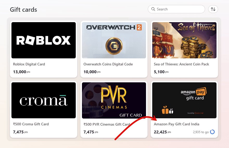 Gift Cards available for redemption at Bing Rewards in India