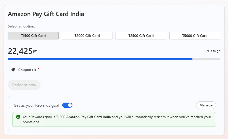 Redeem Microsoft Rewards points for Amazon pay Gift Card in multiple denominations